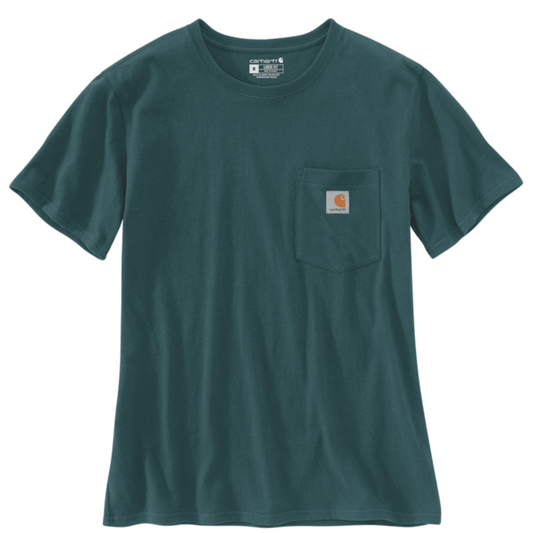 T-Shirt de mulher com manga curta Carhartt Iconic WK87 com bolso em Greenstone. Vista da frente.